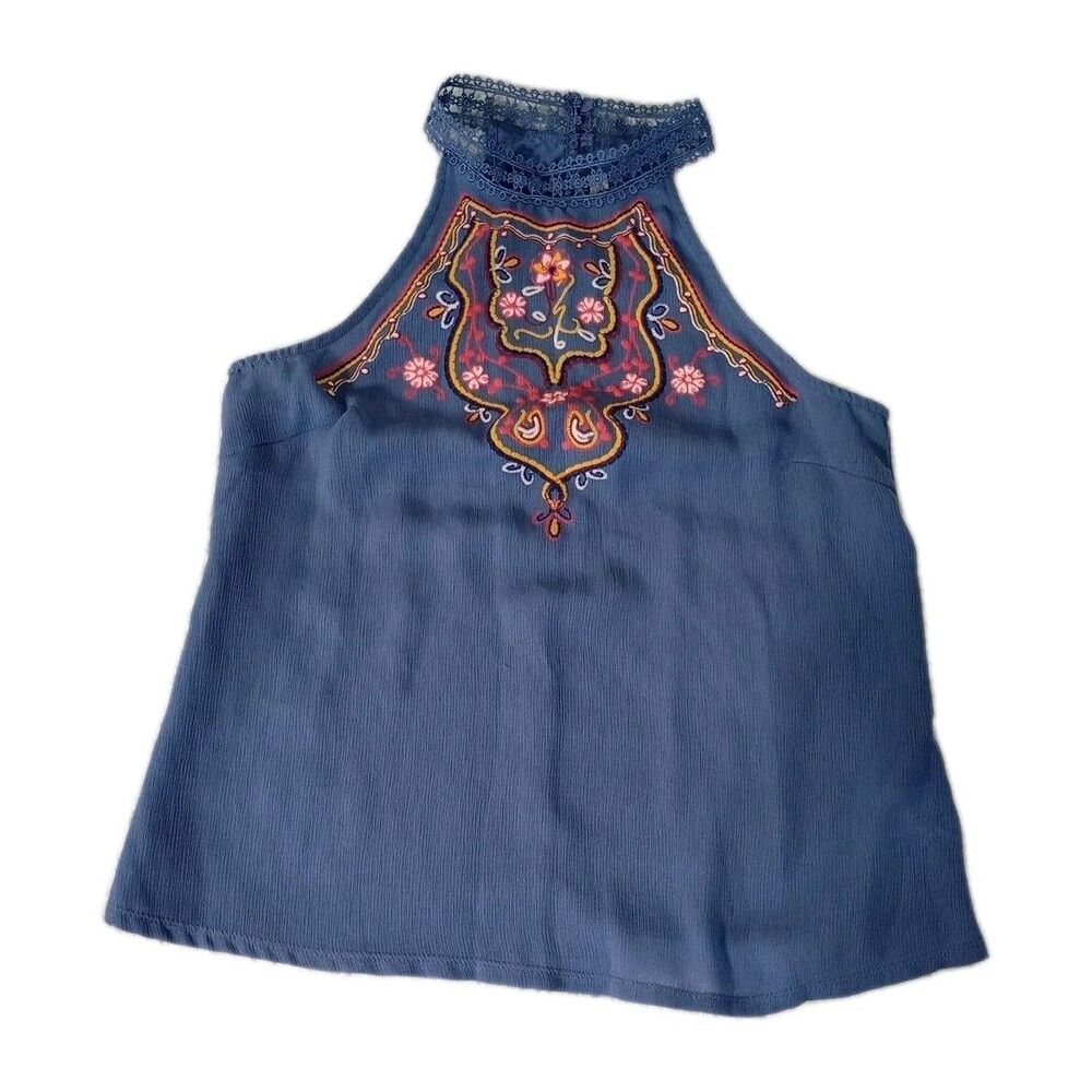 About a Girl Blouse Womens L Blue With Graphic. Cold Shoulder